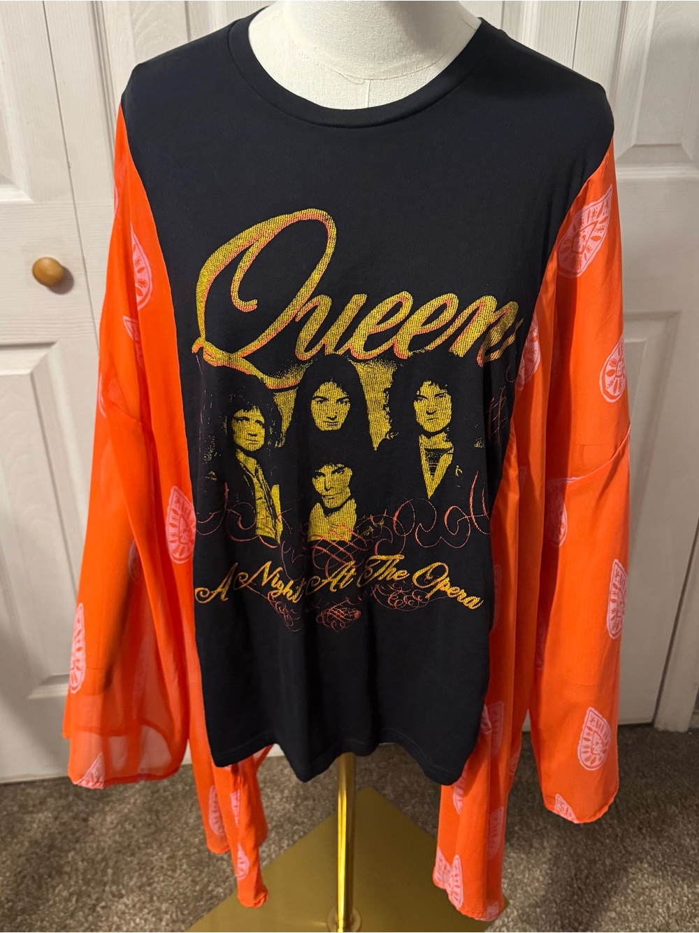 Z Queen Upcycled Graphic T-shirt with Flowy Orange Sheer Sleeves - OSFM